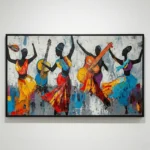 Gestural contemporary canvas depicting vibrant silhouetted musicians with bold red, orange, blue and yellow brushstrokes on distressed white background