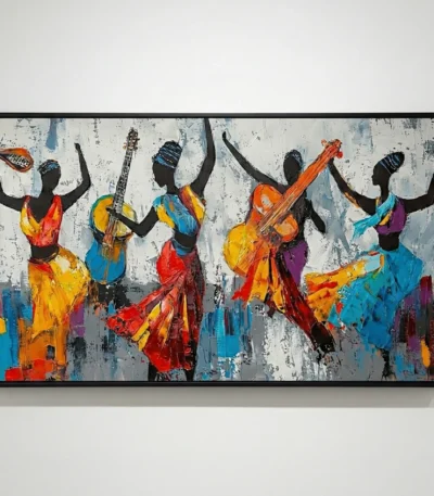 Gestural contemporary canvas depicting vibrant silhouetted musicians with bold red, orange, blue and yellow brushstrokes on distressed white background