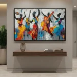 Gestural contemporary hand-painted canvas depicting five vibrant musicians with instruments in bold orange, yellow, blue and red tones, modern living space