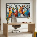 Gestural figurative hand-painted canvas depicting dancing musicians with vibrant orange, blue, and red clothing against textured white and grey background, modern office setting