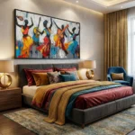 Contemporary figurative hand-painted canvas depicting vibrant musicians with instruments in bold yellows, reds, and blues, modern bedroom