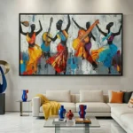 Contemporary figurative hand-painted canvas depicting five dancing musicians with instruments in vibrant orange, yellow, and blue tones, modern living space