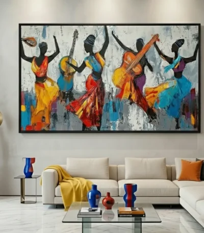 Contemporary figurative hand-painted canvas depicting five dancing musicians with instruments in vibrant orange, yellow, and blue tones, modern living space