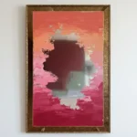 Gestural abstract hand-painted canvas in coral, pink, and deep burgundy with layered brushstrokes revealing ethereal forms, contemporary living space