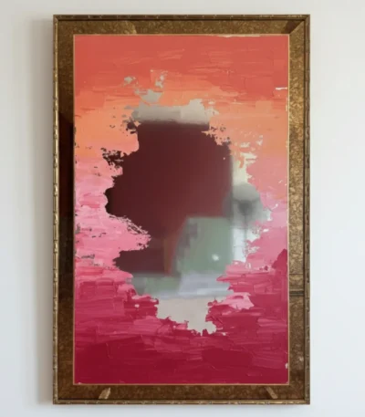 Gestural abstract hand-painted canvas in coral, pink, and deep burgundy with layered brushstrokes revealing ethereal forms, contemporary living space