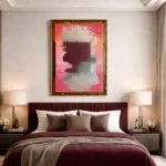 Contemporary abstract hand-painted canvas with gestural silhouette profile in hot pink and burgundy tones, modern bedroom setting