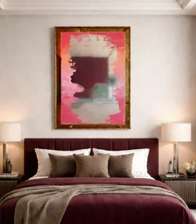 Contemporary abstract hand-painted canvas with gestural silhouette profile in hot pink and burgundy tones, modern bedroom setting