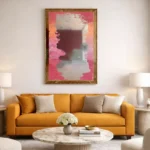 Abstract expressionist hand-painted canvas in hot pink and cream with gestural brushwork, contemporary living space