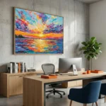 Expressionist hand-painted canvas of vibrant sunset seascape with bold gestural brushstrokes in radiant yellows, oranges, purples and teals, modern office setting