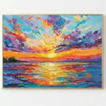 Gestural expressionist hand-painted canvas depicting vibrant sunset over ocean in bold impasto brushstrokes, radiating yellows oranges purples blues, white room backdrop