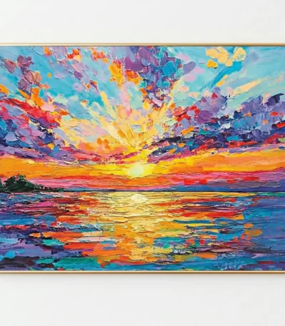 Gestural expressionist hand-painted canvas depicting vibrant sunset over ocean in bold impasto brushstrokes, radiating yellows oranges purples blues, white room backdrop