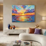 Expressionist hand-painted canvas depicting vibrant sunset over water with bold rainbow brushstrokes and layered impasto texture, contemporary living space