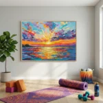 Expressionist hand-painted canvas depicting a radiant sunset over turbulent ocean waters in vibrant multicolored brushstrokes, yoga studio setting