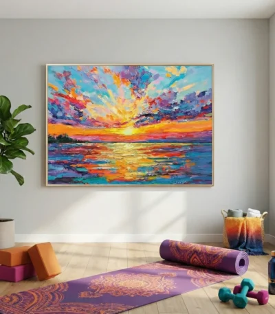 Expressionist hand-painted canvas depicting a radiant sunset over turbulent ocean waters in vibrant multicolored brushstrokes, yoga studio setting