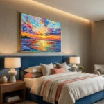 Gestural abstract landscape painting with vibrant sunset in dynamic orange, purple, and turquoise brushstrokes, modern bedroom setting