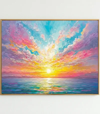 Impressionist hand-painted canvas depicting a radiant sunset over ocean waters in vibrant pinks, golds, and turquoise tones, contemporary living space