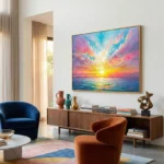 Impressionist hand-painted canvas depicting vibrant sunset over ocean with pink, gold, and turquoise brushstrokes, contemporary living space