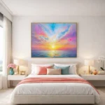 Impressionist seascape painting with vibrant sunset in pink, gold, and blue hues, hand-painted canvas in modern bedroom