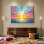 Impressionist hand-painted canvas depicting a radiant sunset over ocean waters in vibrant pink, gold, turquoise and purple tones, contemporary living space