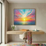 Impressionist hand-painted canvas depicting radiant sunset over ocean with vibrant pink, gold, and turquoise brushstrokes, modern workspace