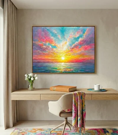 Impressionist hand-painted canvas depicting radiant sunset over ocean with vibrant pink, gold, and turquoise brushstrokes, modern workspace