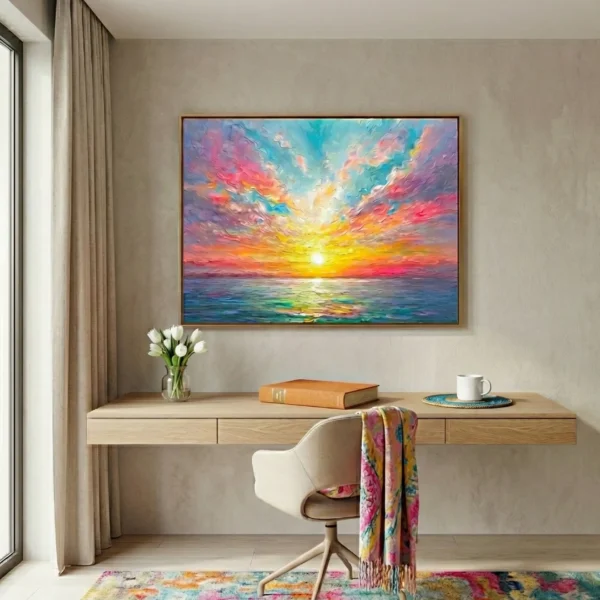 Impressionist hand-painted canvas depicting radiant sunset over ocean with vibrant pink, gold, and turquoise brushstrokes, modern workspace