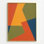 Geometric abstract hand-painted canvas with interlocking triangles in warm oranges, cool teals, and muted olive green tones
