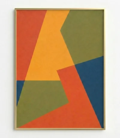 Geometric abstract hand-painted canvas with interlocking triangles in warm oranges, cool teals, and muted olive green tones