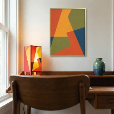 Abstract geometric hand-painted canvas in warm ochre, coral and sage green tones, contemporary workspace