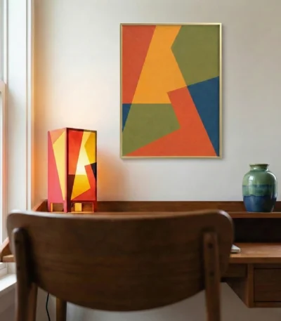 Abstract geometric hand-painted canvas in warm ochre, coral and sage green tones, contemporary workspace