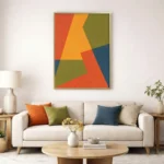 Contemporary abstract hand-painted canvas with geometric color-blocking in coral, gold, olive and teal, modern living space