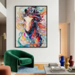 Expressionist hand-painted canvas of a spirited horse head in explosive multicolored brushstrokes and layered pigments, contemporary living space