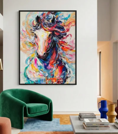 Expressionist hand-painted canvas of a spirited horse head in explosive multicolored brushstrokes and layered pigments, contemporary living space