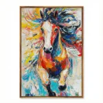 Gestural expressionist hand-painted canvas of a vibrant horse with dynamic multicolored brushstrokes in reds, blues, yellows, and teals