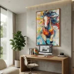 Expressionist hand-painted canvas of a spirited horse in vibrant multicolored brushstrokes and dynamic movement, modern workspace