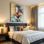 Gestural expressionist hand-painted canvas depicting a spirited horse in vibrant yellows, blues, reds, and teals, modern bedroom setting