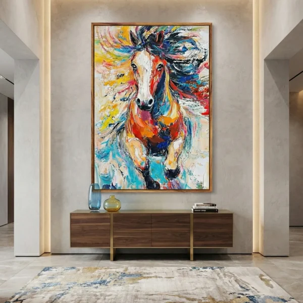 Gestural expressionist hand-painted canvas of a vibrant galloping horse in dynamic multi-colored brushstrokes, contemporary entryway
