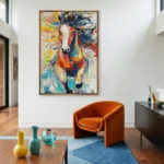 Gestural expressionist hand-painted canvas of a spirited horse in vibrant multicolored brushstrokes, contemporary living space