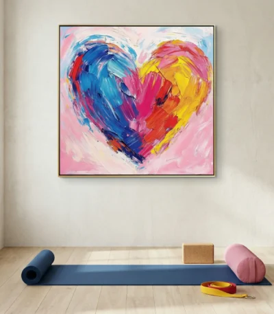 Gestural abstract hand-painted canvas with vibrant heart motif in blue, pink, and yellow brushstrokes, yoga studio setting