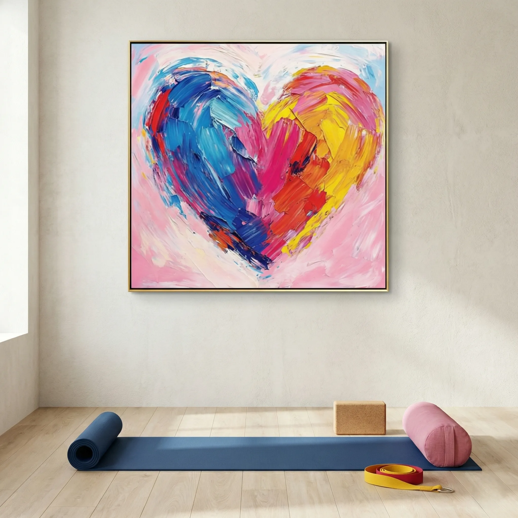 Radiant Spectrum Heart Vivid blue pink yellow heart abstract wall decor (1) Gestural abstract hand-painted canvas with vibrant heart motif in blue, pink, and yellow brushstrokes, yoga studio setting