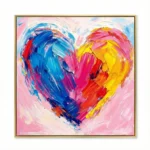 Gestural abstract expressionist hand-painted canvas featuring a vibrant rainbow heart in bold brushstrokes against soft pink background