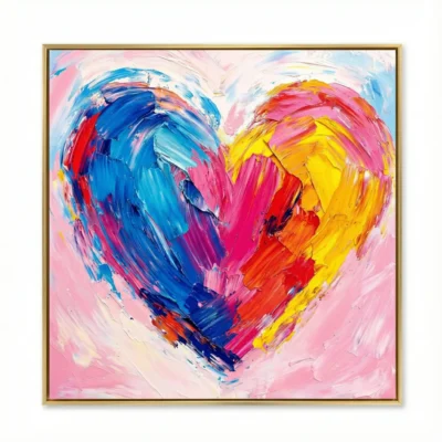 Gestural abstract expressionist hand-painted canvas featuring a vibrant rainbow heart in bold brushstrokes against soft pink background