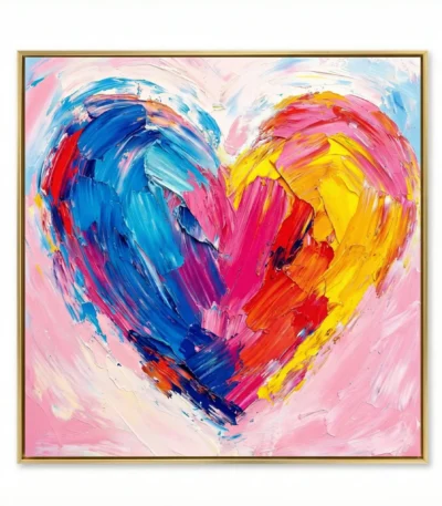 Gestural abstract expressionist hand-painted canvas featuring a vibrant rainbow heart in bold brushstrokes against soft pink background