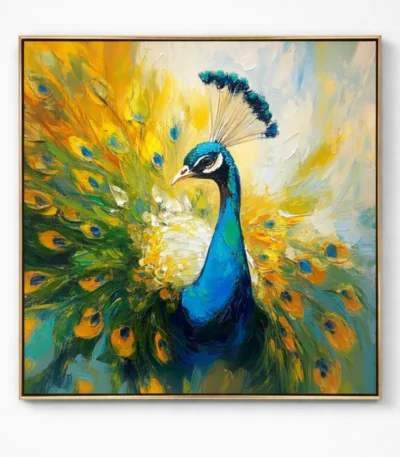 Gestural expressionist hand-painted canvas featuring a vibrant peacock with dynamic golden and blue plumage, layered brushwork in warm and cool tones
