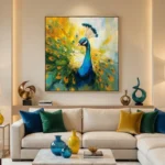 Gestural expressionist hand-painted canvas depicting vibrant peacock with dynamic brushstrokes in blues, golds, and greens, contemporary living space