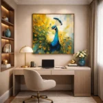 Contemporary figurative hand-painted canvas of peacock with vibrant gold and teal plumage, modern office setting