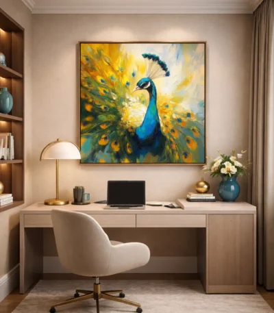 Contemporary figurative hand-painted canvas of peacock with vibrant gold and teal plumage, modern office setting