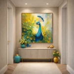 Expressionist hand-painted canvas depicting a vibrant peacock with bold yellow and blue brushstrokes, modern entryway