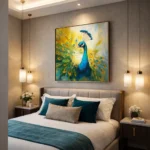 Contemporary figurative hand-painted canvas of radiant peacock in vibrant teals and golds, modern bedroom