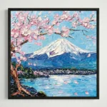 Impressionist hand-painted canvas depicting Mount Fuji with cherry blossoms, snow peak, and serene lake in soft pinks and blues